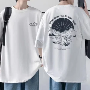 Męski t-shirt z bawełny z nadrukiem przód-tył, krótki rękaw Biały