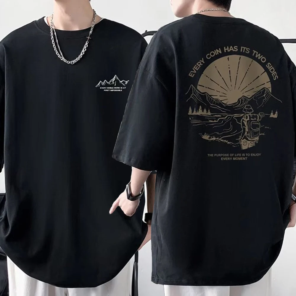 Męski t-shirt z bawełny z nadrukiem przód-tył, krótki rękaw Czarny