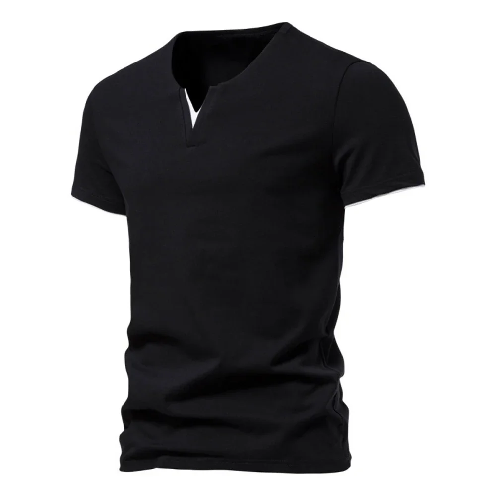 Męski t-shirt henley z dekoltem V Czarny
