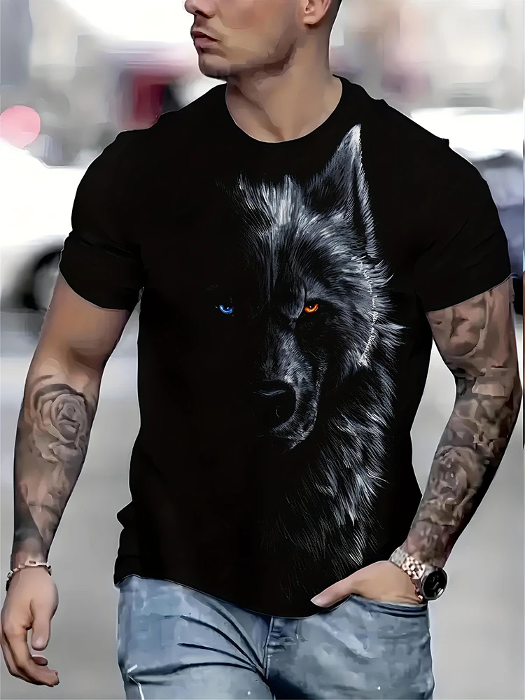 Męski t-shirt z nadrukiem 3D wilka w stylu retro T1 0728 003