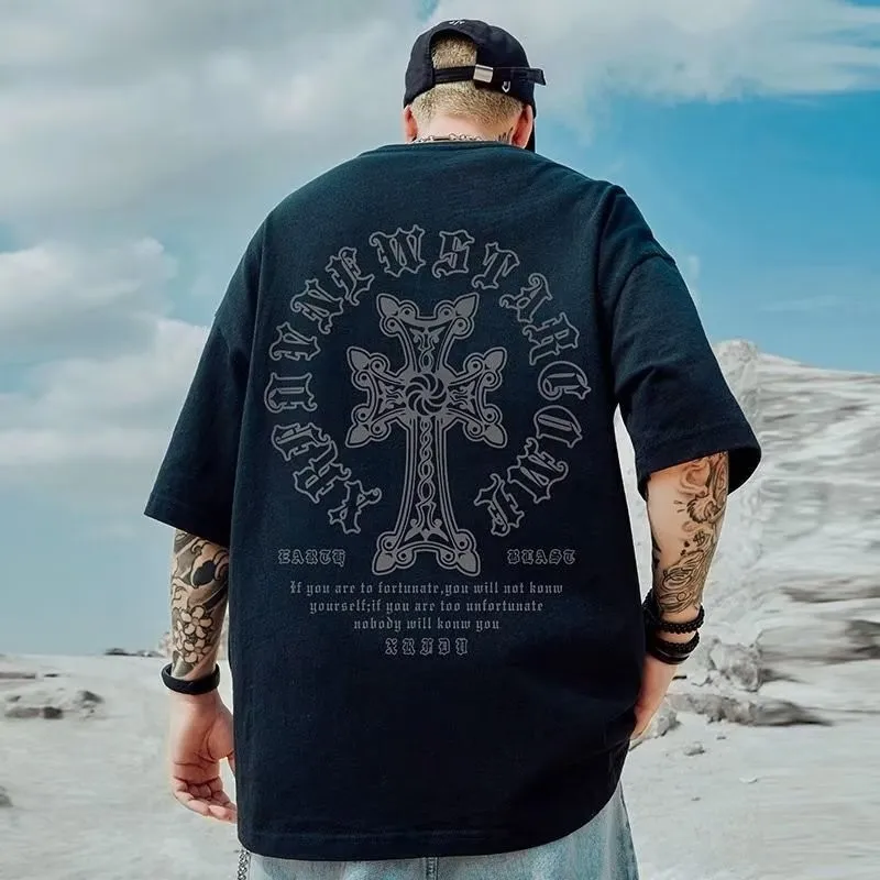 Męski t-shirt oversize z nadrukiem krzyża luźny krój M-8XL Czarny