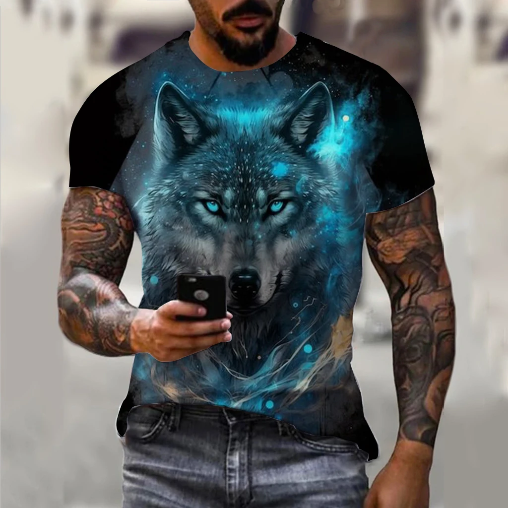 Męski t-shirt oversize z nadrukiem wilka 3D Exc04g202419111
