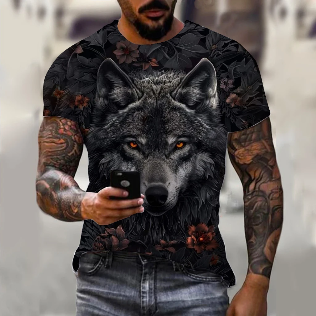 Męski t-shirt oversize z nadrukiem wilka 3D Exc04g202419112