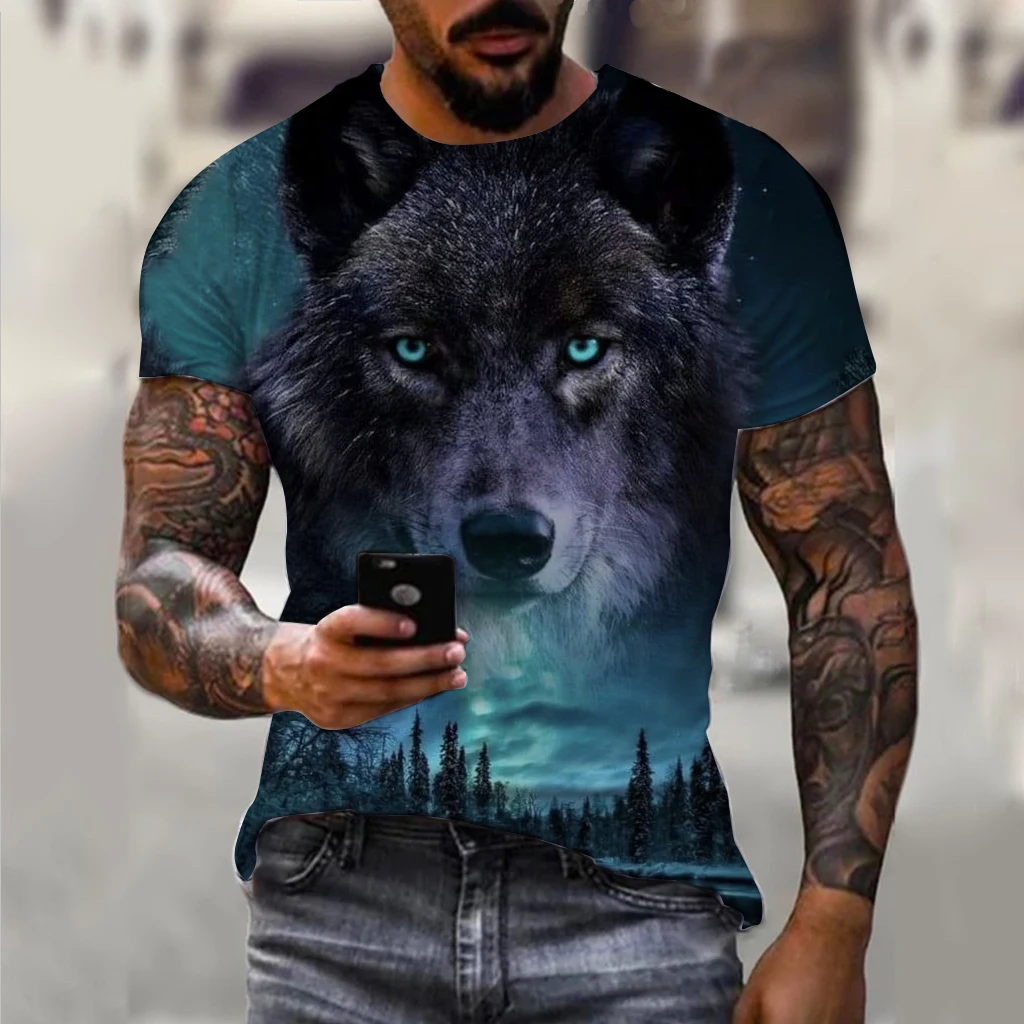 Męski t-shirt oversize z nadrukiem wilka 3D Exc04g202419113