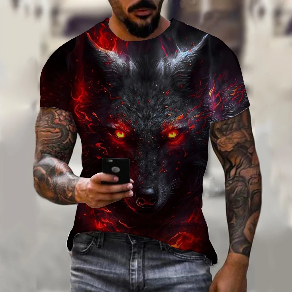 Męski t-shirt oversize z nadrukiem wilka 3D Exc04g202419114