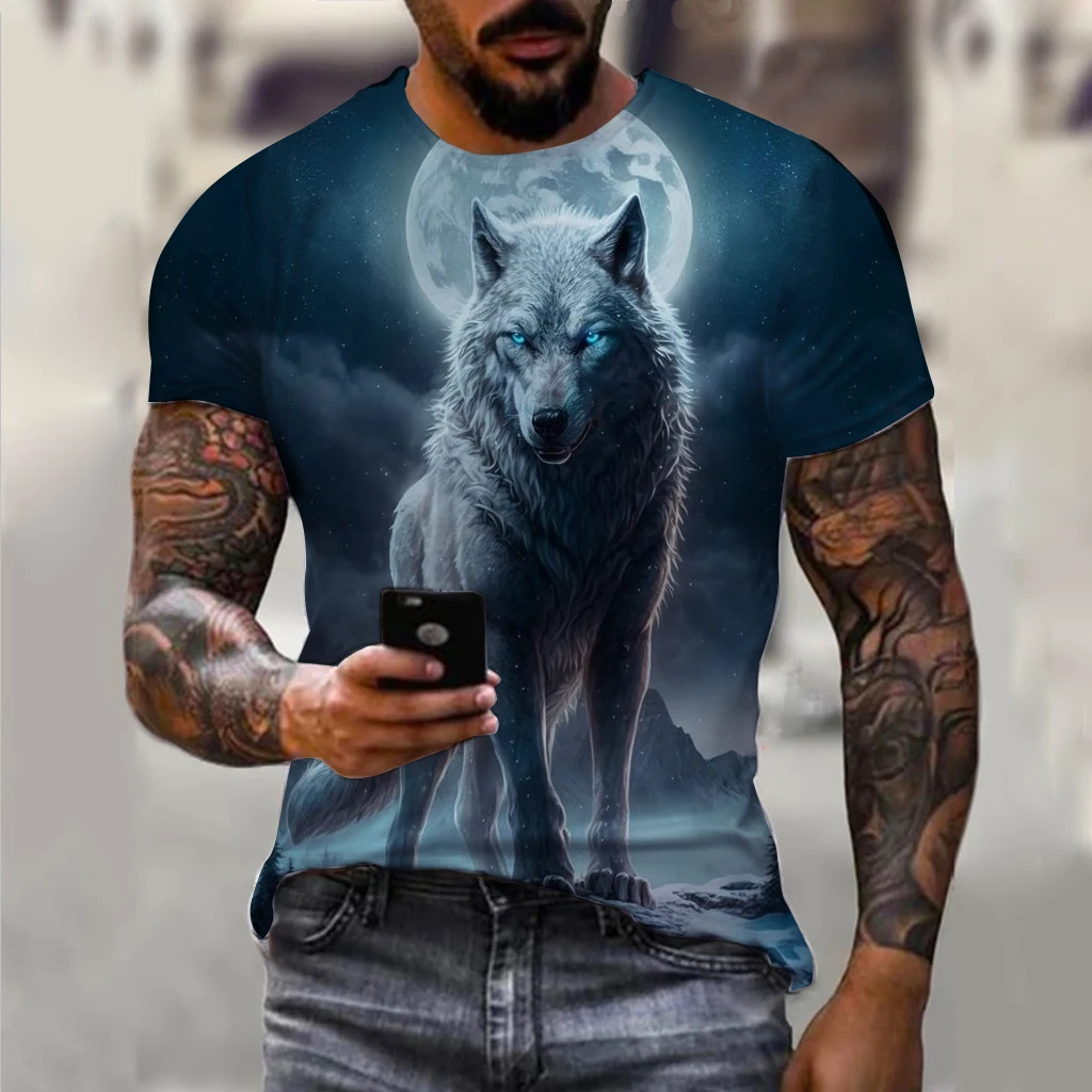 Męski t-shirt oversize z nadrukiem wilka 3D Exc04g202419115
