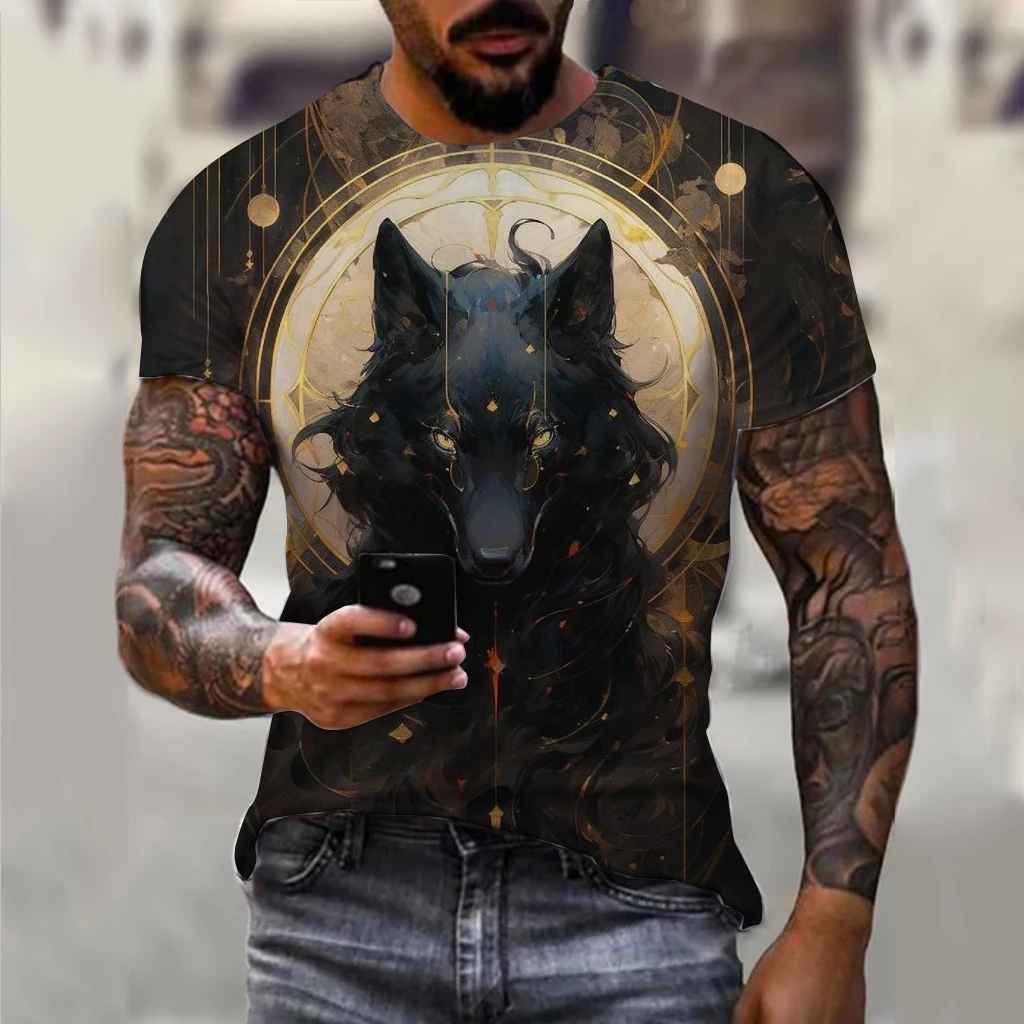 Męski t-shirt oversize z nadrukiem wilka 3D Exc04g202419116