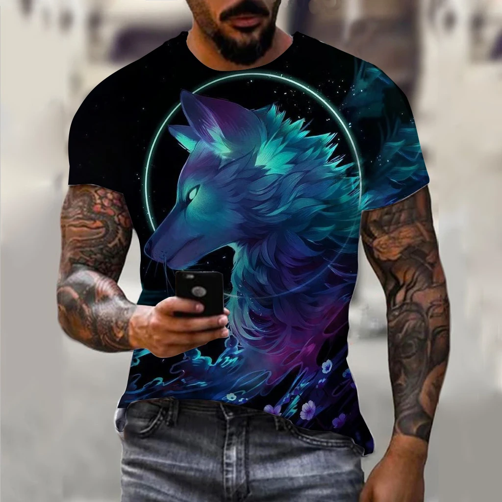Męski t-shirt oversize z nadrukiem wilka 3D Exc04g202419117