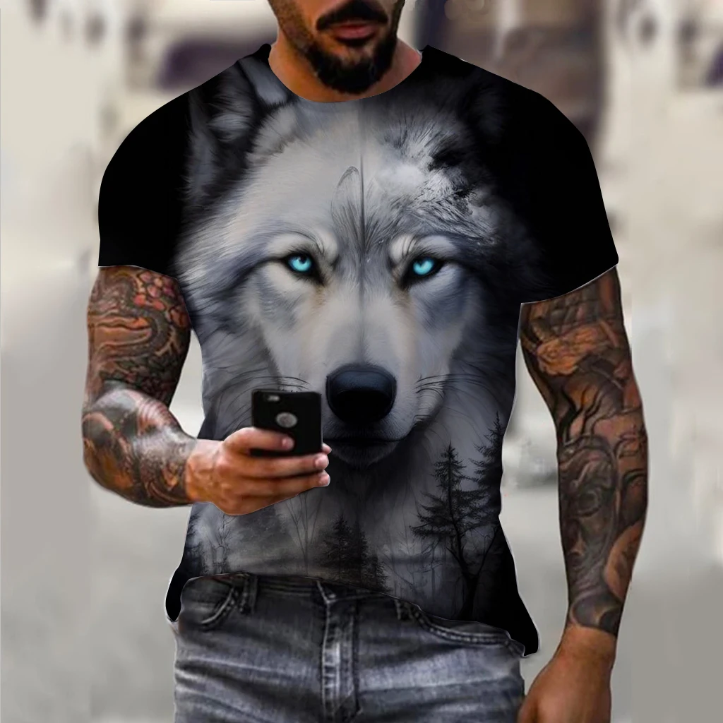 Męski t-shirt oversize z nadrukiem wilka 3D Exc04g202419118