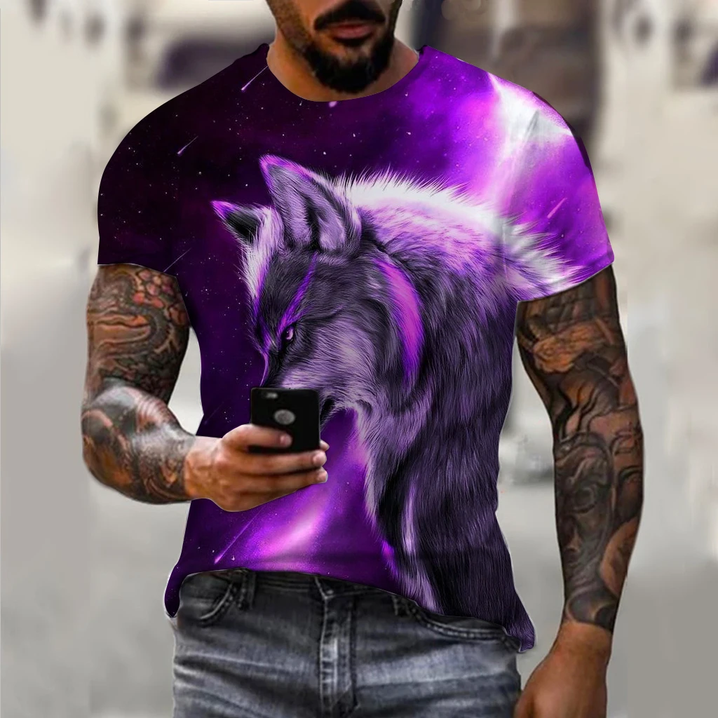 Męski t-shirt oversize z nadrukiem wilka 3D Exc04g202419119