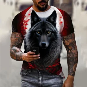 Męski t-shirt oversize z nadrukiem wilka 3D Exc04g20241911a