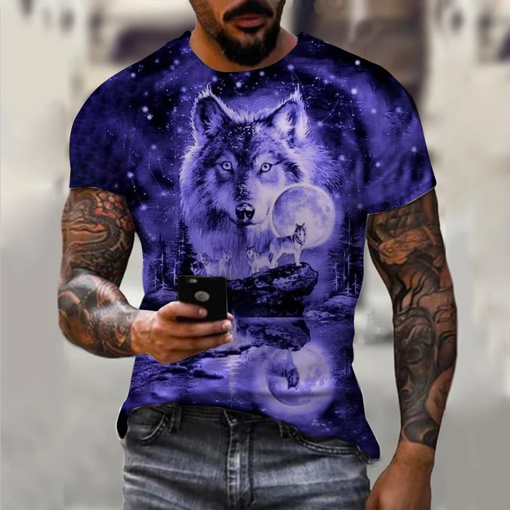 Męski t-shirt oversize z nadrukiem wilka 3D Exc04g20241911b