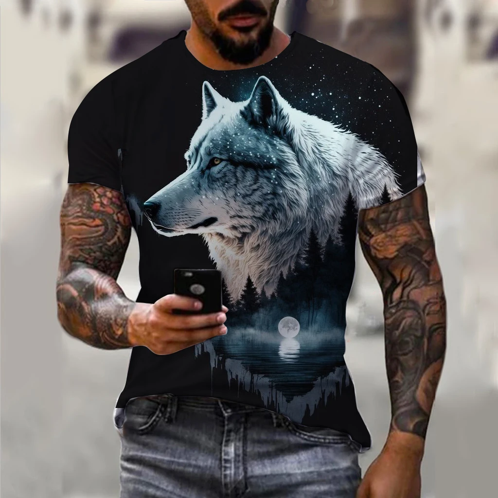 Męski t-shirt oversize z nadrukiem wilka 3D Exc04g20241911c