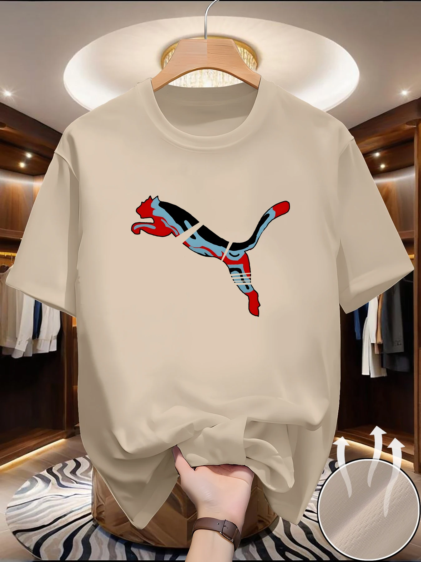 Męski t-shirt siatkowy szybkoschnący z nadrukiem Morelowy