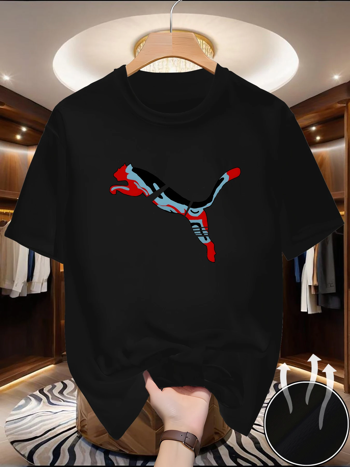 Męski t-shirt siatkowy szybkoschnący z nadrukiem Czarny