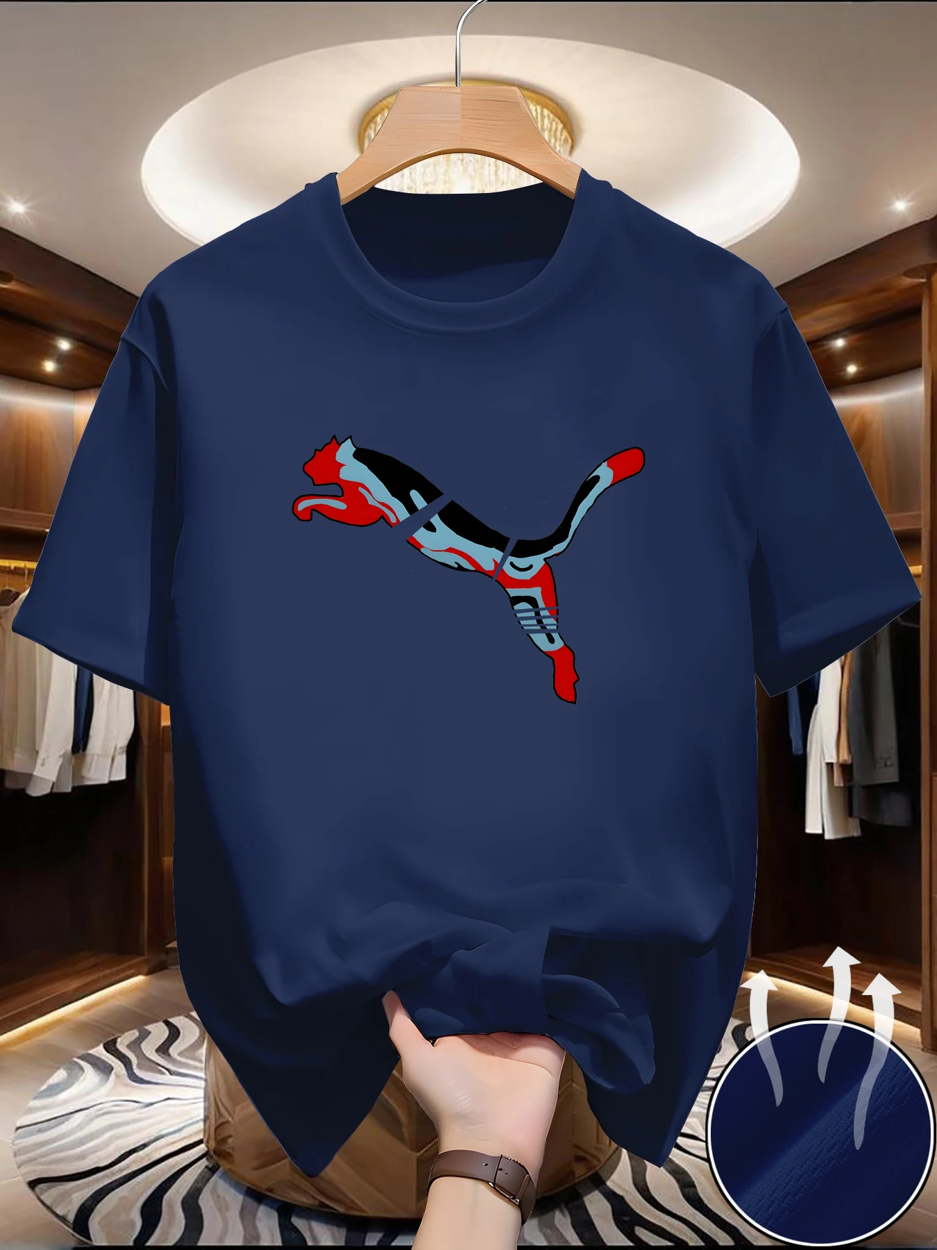 Męski t-shirt siatkowy szybkoschnący z nadrukiem Granatowy