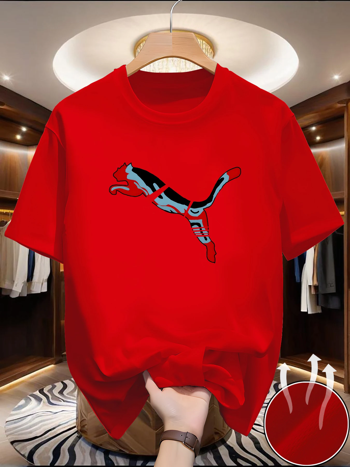 Męski t-shirt siatkowy szybkoschnący z nadrukiem Czerwony