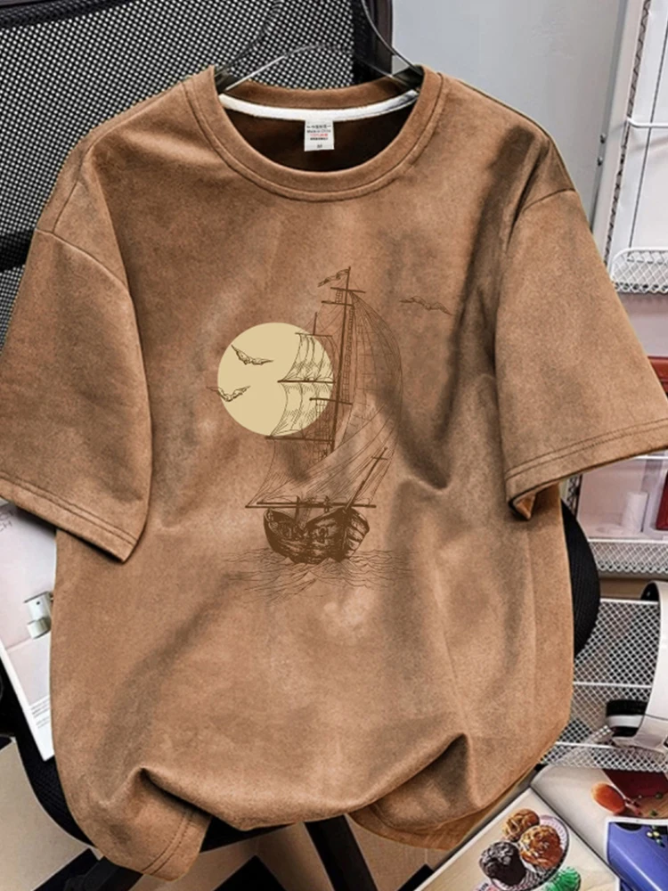 Męski t-shirt z dekoltem typu crew neck w stylu Y2K streetwear Khaki