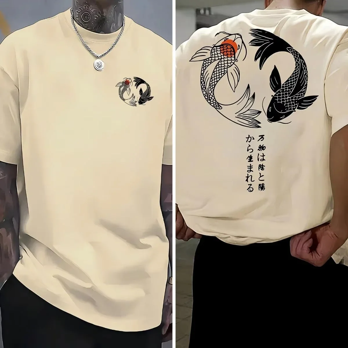 Męski bawełniany T-shirt z japońskim wzorem koi 2