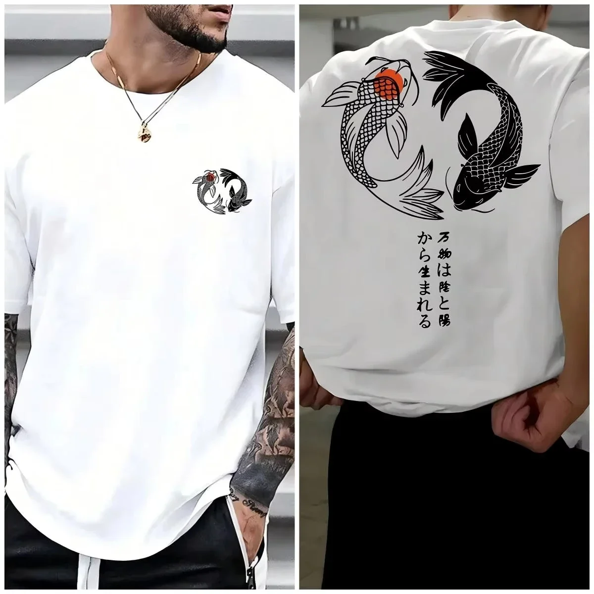 Męski bawełniany T-shirt z japońskim wzorem koi 3