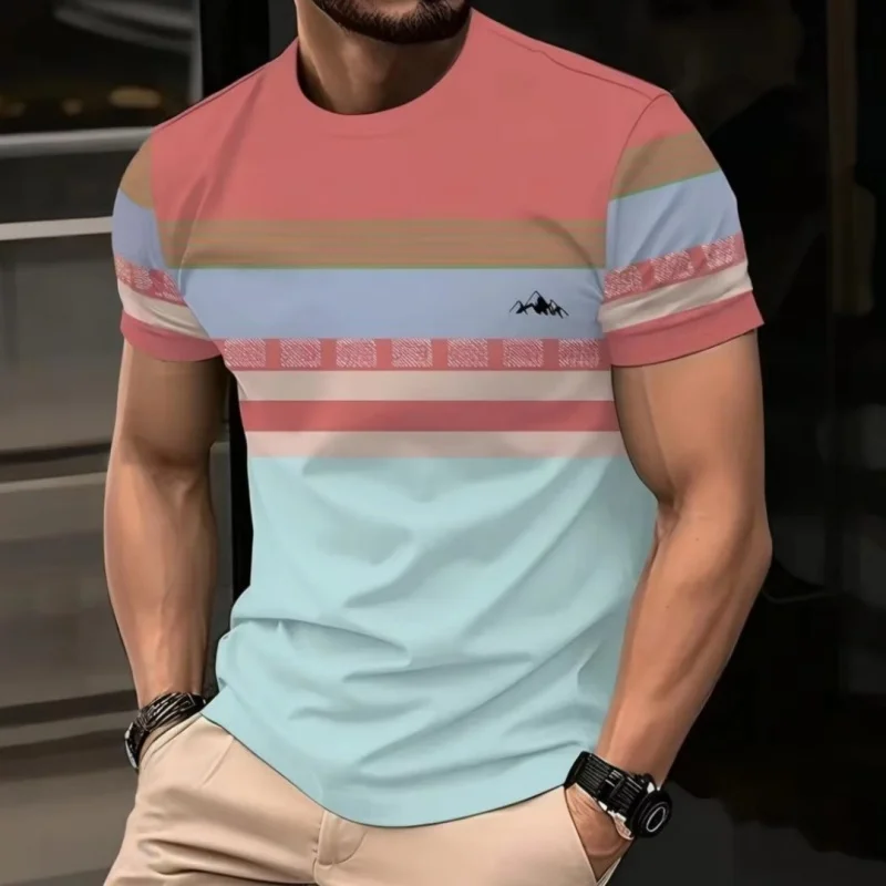 Męski T-shirt z nadrukiem 3D w kolorowe geometryczne paski Tshirt ysy48553