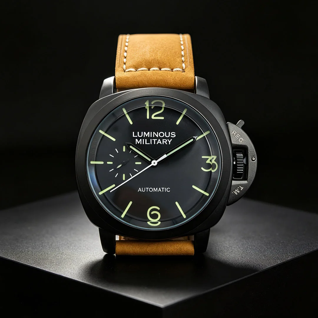 Męski zegarek automatyczny 46 mm ze skórzanym paskiem Czarny