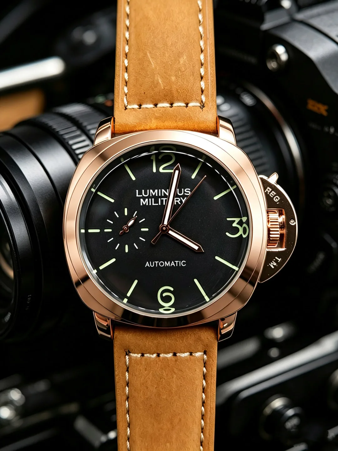 Męski zegarek automatyczny 46 mm ze skórzanym paskiem Różowy