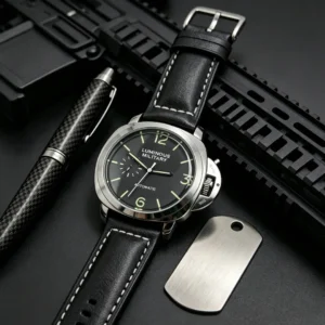Męski zegarek automatyczny 46 mm ze skórzanym paskiem Srebrny