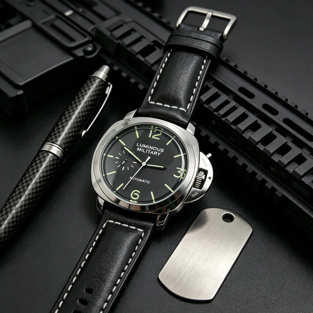 Męski zegarek automatyczny 46 mm ze skórzanym paskiem Srebrny