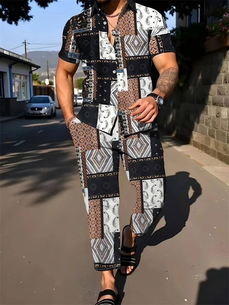 Męski zestaw koszula i spodnie geometryczny wzór casual B95tzzx258201033e