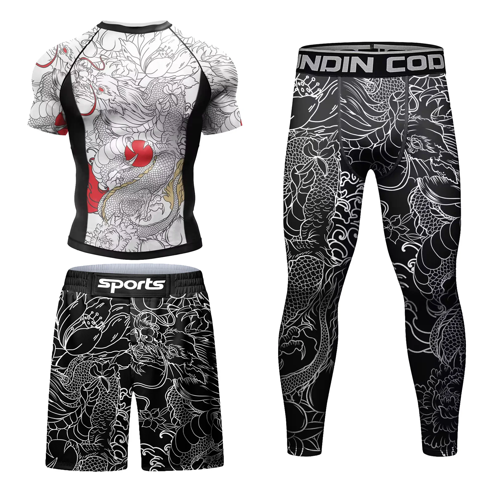 Męski zestaw sportowy do MMA i BJJ rashguard z legginsami i szortami 3 in 1 short set