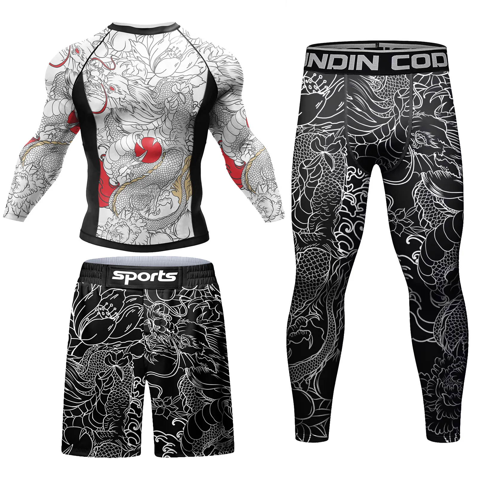 Męski zestaw sportowy do MMA i BJJ rashguard z legginsami i szortami 3 in1 long set