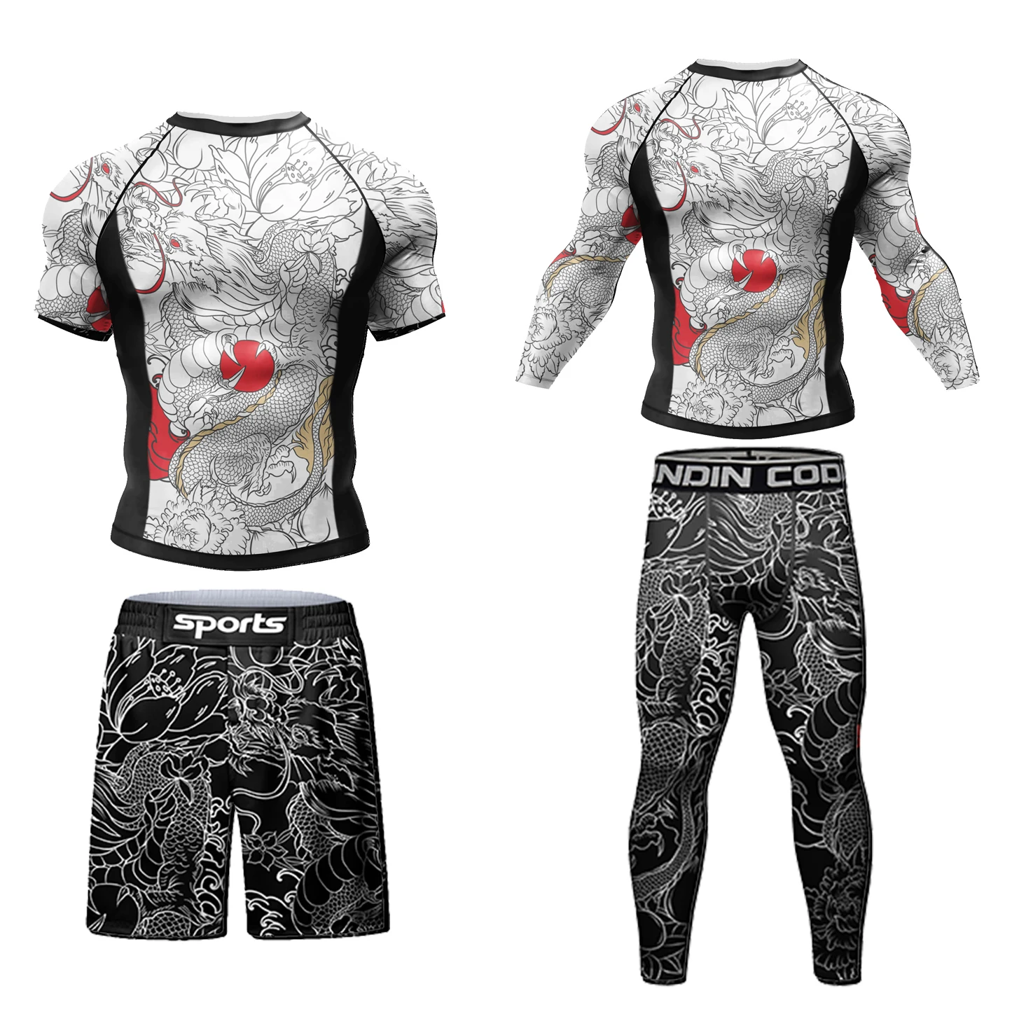 Męski zestaw sportowy do MMA i BJJ rashguard z legginsami i szortami 4 in 1 set