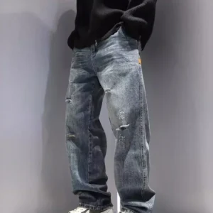 Męskie jeansy baggy z przetarciami hip-hop streetwear Niebieski