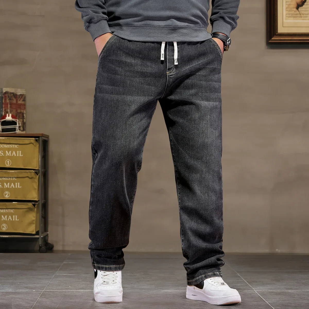 Męskie jeansy plus size, luźne, do rozmiaru 8XL Czarny
