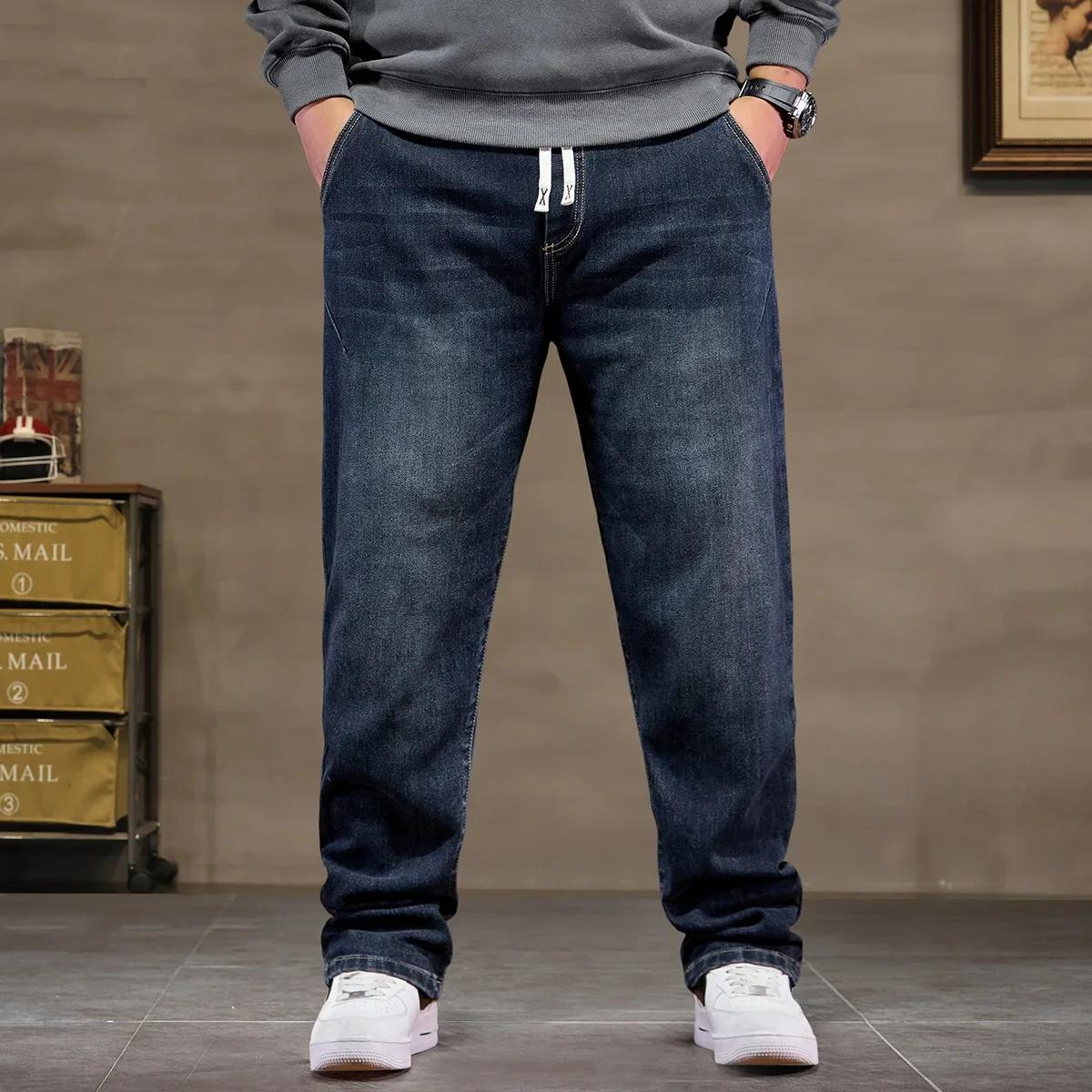 Męskie jeansy plus size, luźne, do rozmiaru 8XL Ciemnoniebieski