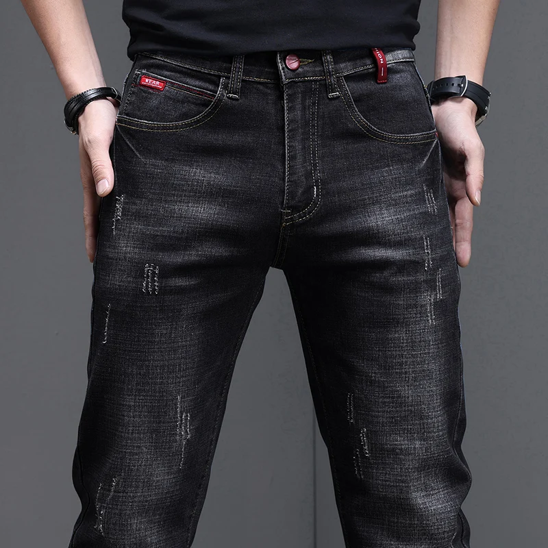 Męskie jeansy slim fit elastyczne rurki w klasycznym stylu Czarny
