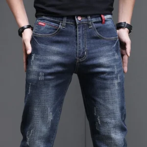 Męskie jeansy slim fit elastyczne rurki w klasycznym stylu Niebieski