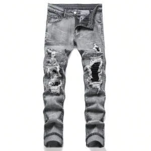 Męskie jeansy slim fit z przetarciami i elastyczną talią Szary