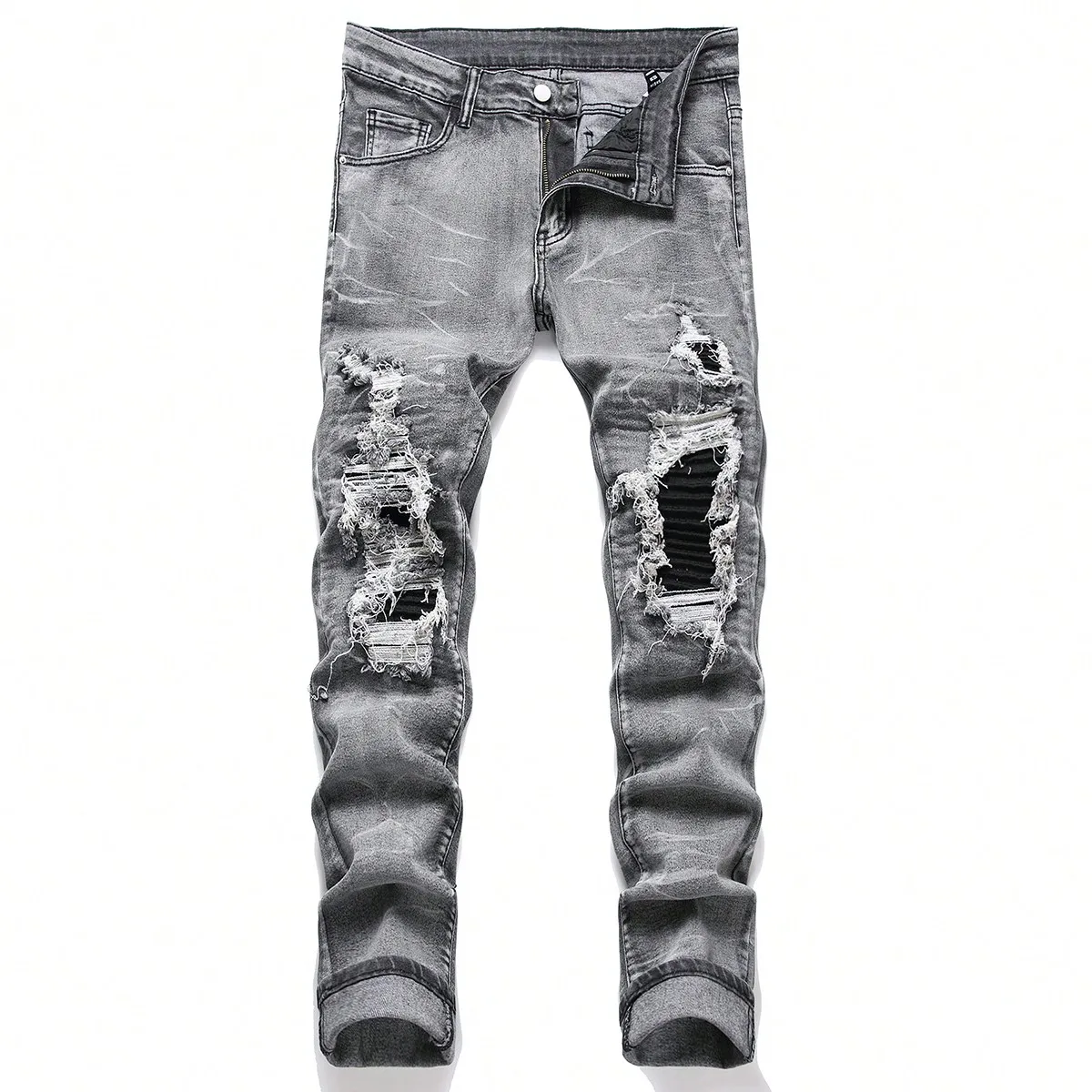 Męskie jeansy slim fit z przetarciami i elastyczną talią Szary