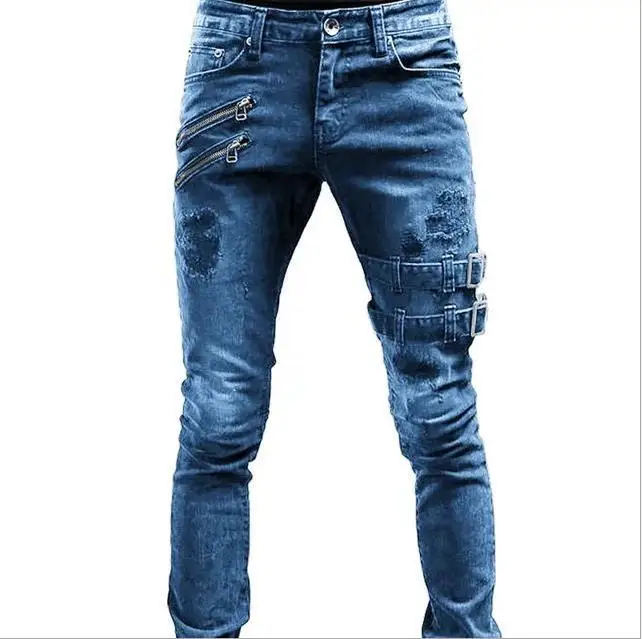 Męskie jeansy slim fit z przetarciami H0019a niebieski