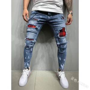Męskie jeansy slim fit z przetarciami H007a niebieski