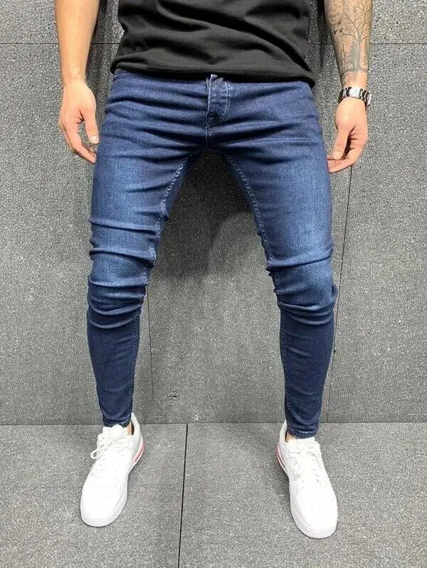 Męskie jeansy slim fit z przetarciami H011a ciemnoniebieski
