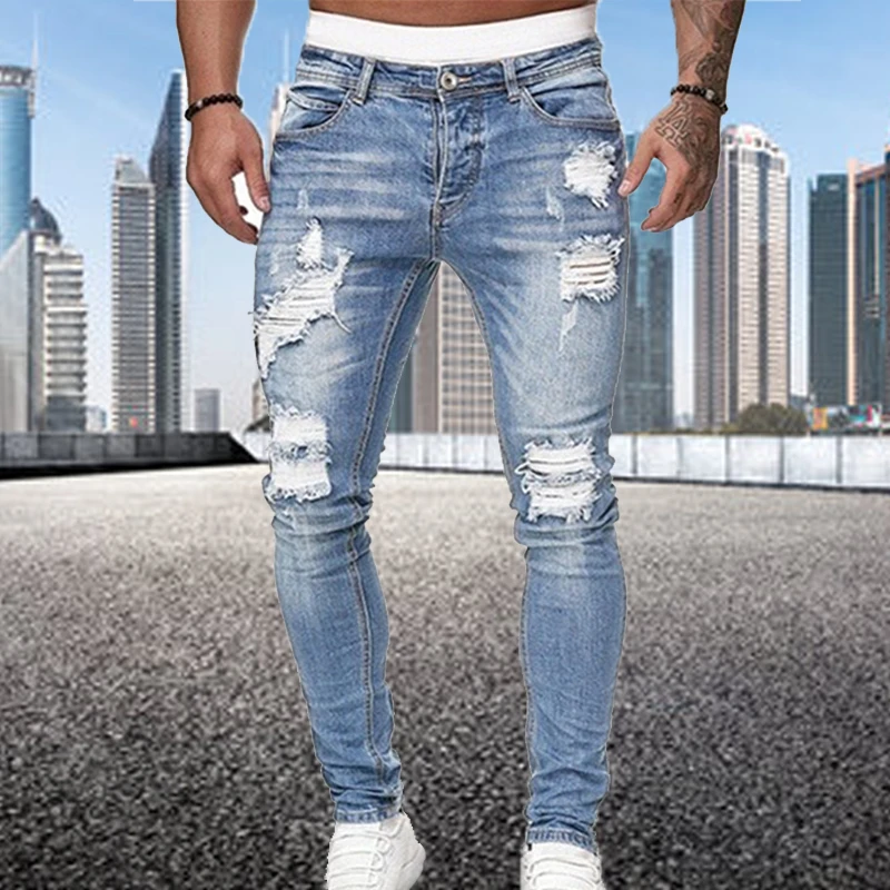 Męskie jeansy slim fit z przetarciami Jasnoniebieski