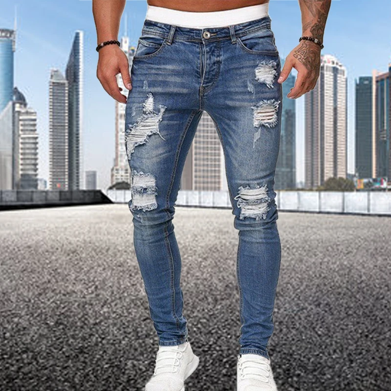 Męskie jeansy slim fit z przetarciami Niebieski