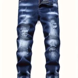 Męskie jeansy slim z przetarciami, styl streetwear Niebieski