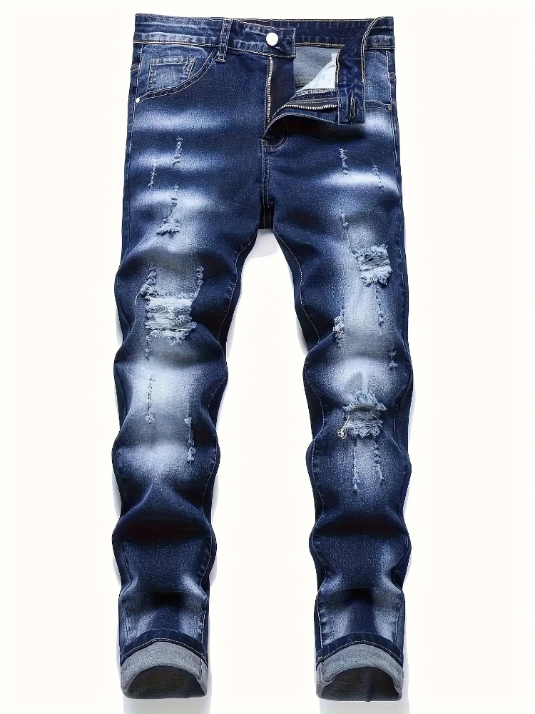 Męskie jeansy slim z przetarciami, styl streetwear Niebieski