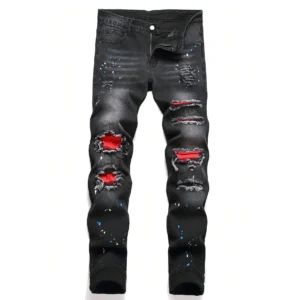 Męskie jeansy ze stretchem przetarte z naszywkami w stylu hip hop Czarny