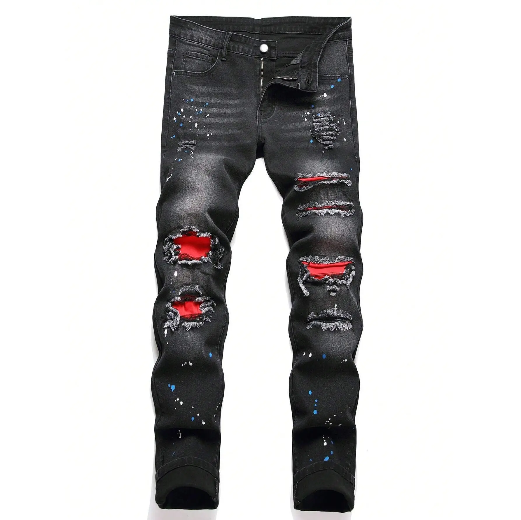 Męskie jeansy ze stretchem przetarte z naszywkami w stylu hip hop Czarny