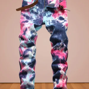 Męskie jeansy farbowane tie-dye z elastycznym ściągaczem Wielo